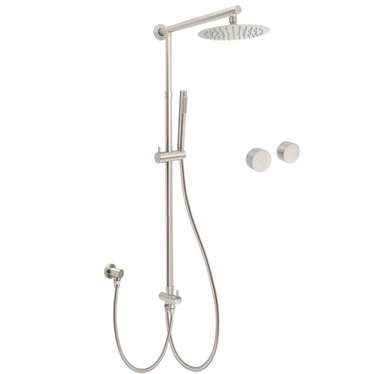 Brushed Nickel Round 8" Rain Head Shower Stainless Steel Handheld Sliding Rail Arm Chrome Set + Twin Taps