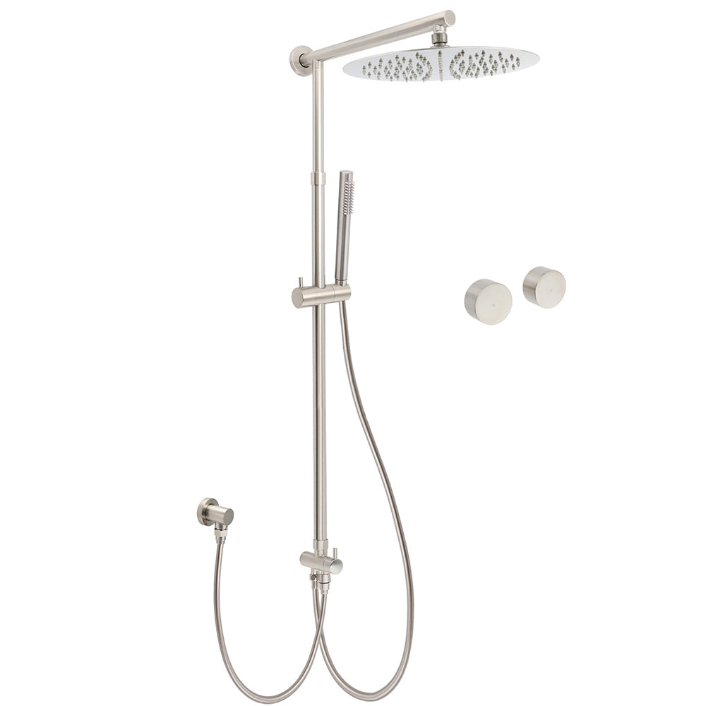 Brushed Nickel Round 12" SUS Rain Head Metal Handheld Shower Sliding Rail Arm Chrome Set + Twin Taps