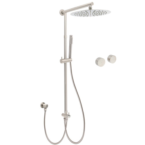 Brushed Nickel Round 12" SUS Rain Head Metal Handheld Shower Sliding Rail Arm Chrome Set + Twin Taps