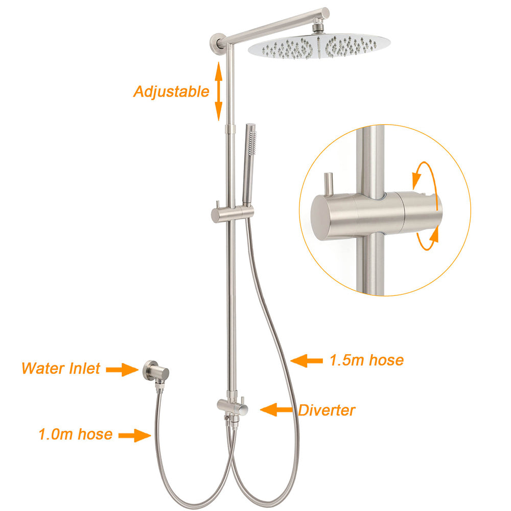 Brushed Nickel Round 12" Rain Head Shower Single Mode Handheld Sliding Rail Arm Mixer 2in1 Set