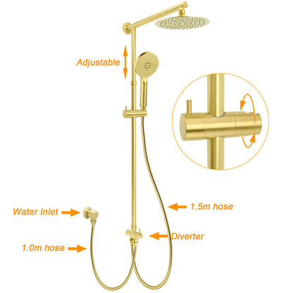 WELS Brushed Gold 8" Round Shower Head 3 Mode Handheld Rose Sliding Rail Twin Taps Set