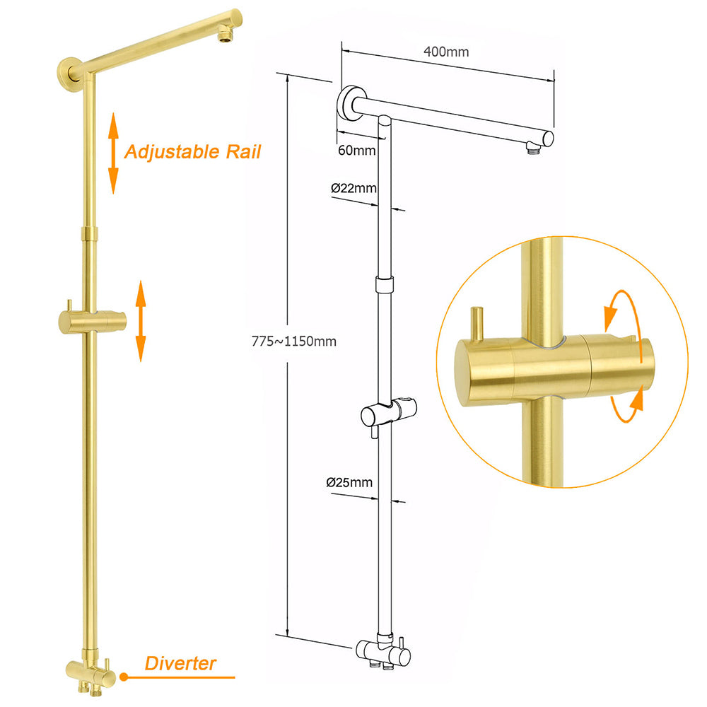 WELS Brushed Gold 8" Round Shower Head 3 Mode Handheld Rose Sliding Rail Twin Taps Set