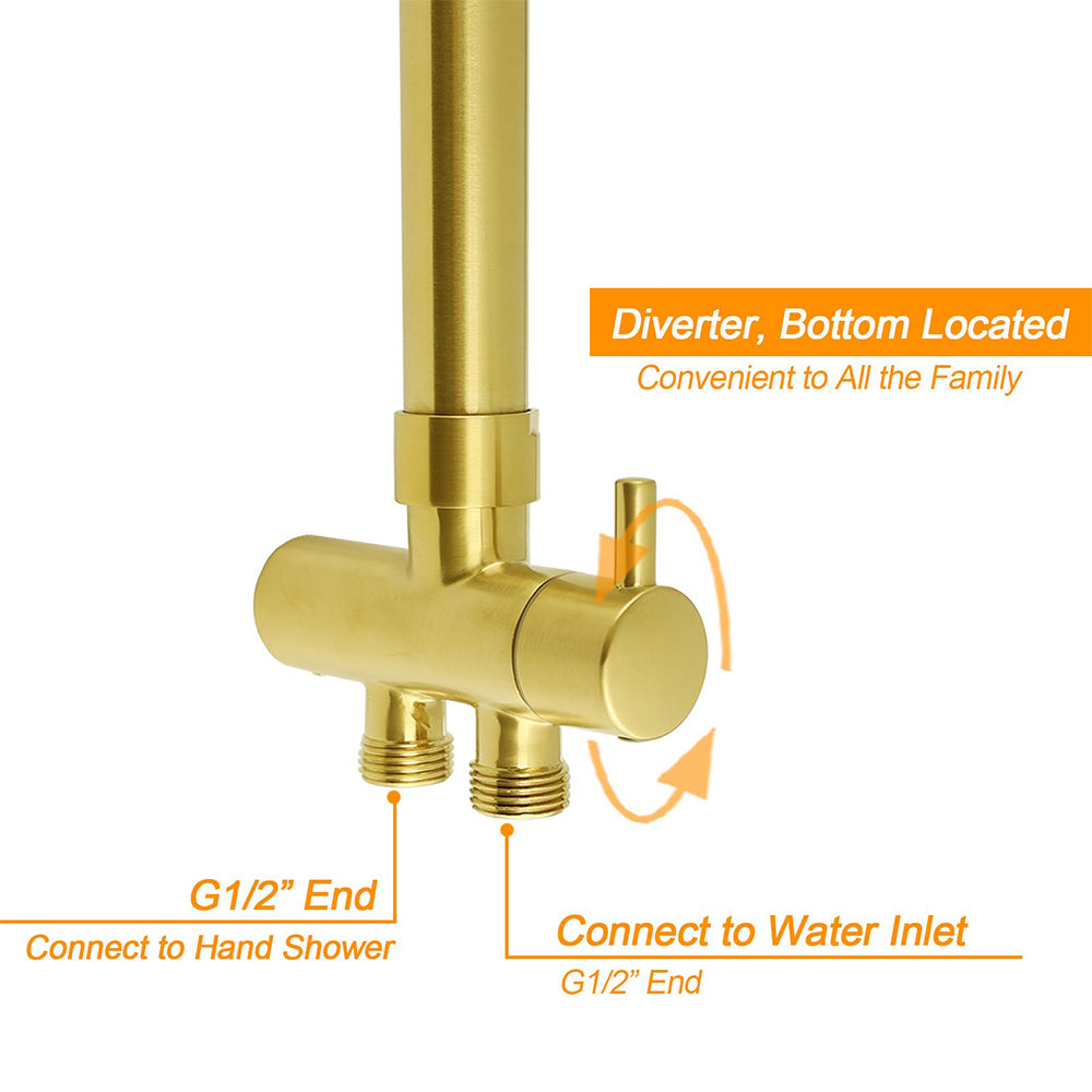 WELS Brushed Gold 8" Round Shower Head 3 Mode Handheld Rose Sliding Rail Twin Taps Set