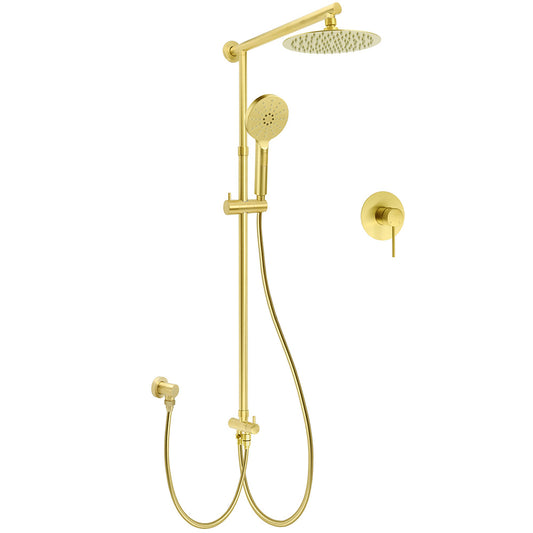 Brushed Gold Twin Shower 8" Round Head 3 Mode Handheld Rose Sliding Rail With Mixer Set