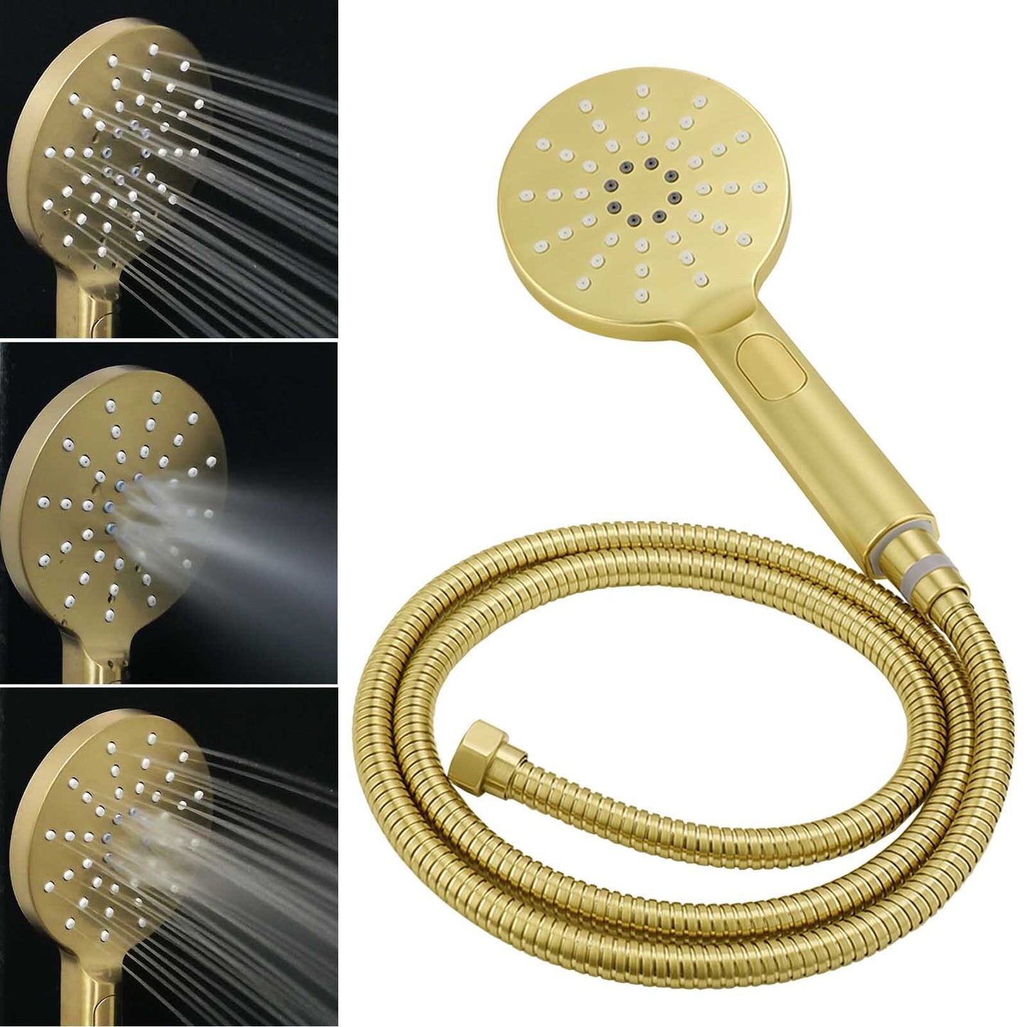 Brushed Gold Twin Shower 8" Round Head 3 Mode Handheld Rose Sliding Rail With Mixer Set