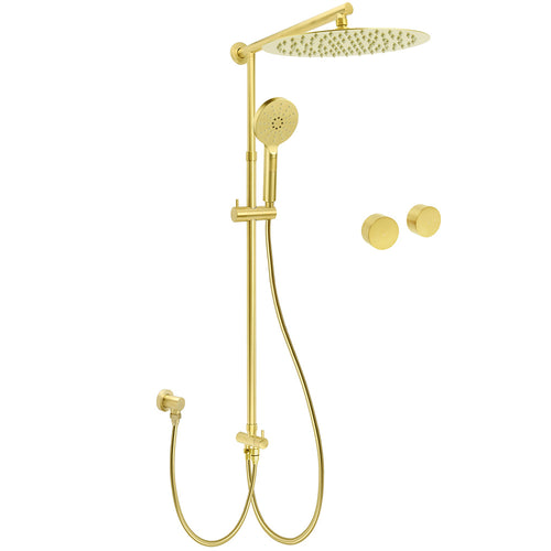 WELS Brushed Gold Rain Shower 12" Head 3 Mode Handheld Rose Sliding Rail Round Taps Set