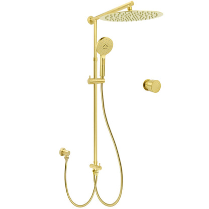 Brushed Gold Dual Round Shower 12" Top Head 3 Mode Handheld Sliding Rail Arm Mixer Valve