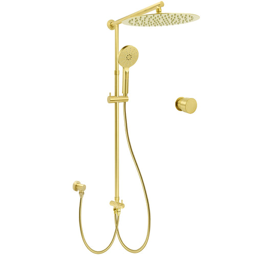 Brushed Gold Dual Round Shower 12" Top Head 3 Mode Handheld Sliding Rail Arm Mixer Valve