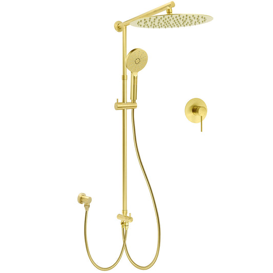 WELS Brushed Gold 2in1 Large Round Shower 12" Rain Head 3 Mode Handheld Sliding Rail Mixer Set