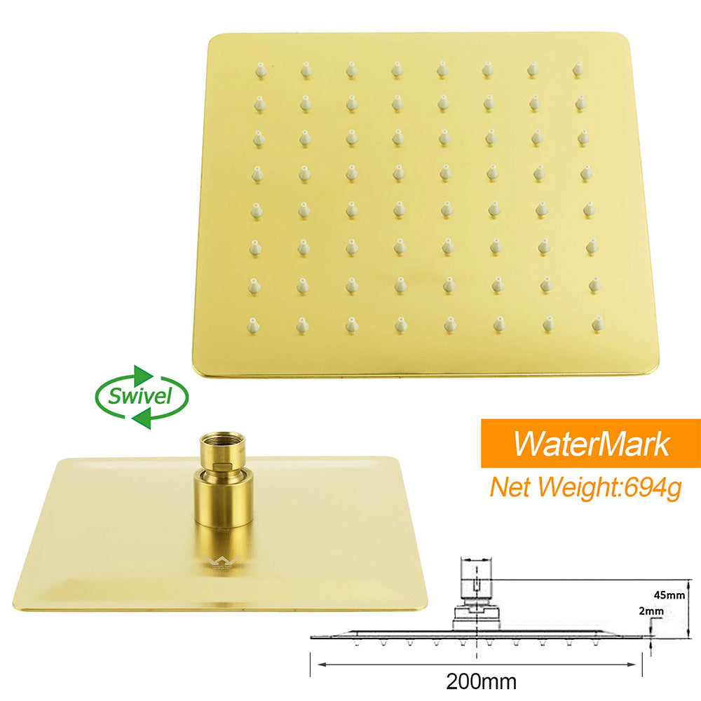 Brushed Gold Square 8" Rain Shower Head 3 Mode Handheld Sliding Rail Arm Dual Diverter Set