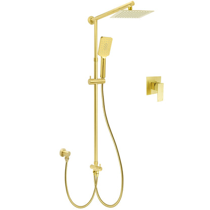 WELS Brushed Gold Square 8" Rain Shower Head 3 Mode Handheld Sliding Rail Arm Dual Mixer Set