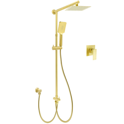 WELS Brushed Gold Square 8" Rain Shower Head 3 Mode Handheld Sliding Rail Arm Dual Mixer Set