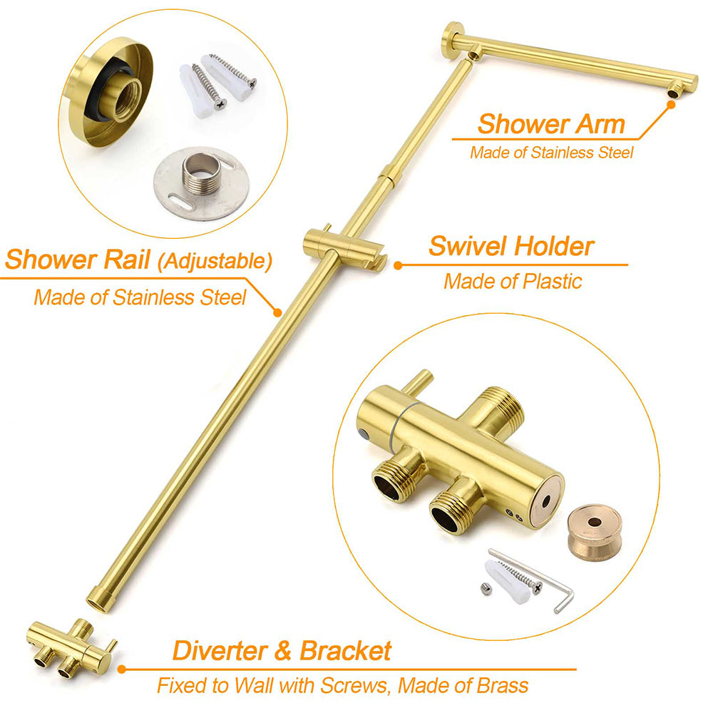 WELS Brushed Gold Square 8" Rain Shower Head 3 Mode Handheld Sliding Rail Arm Dual Mixer Set