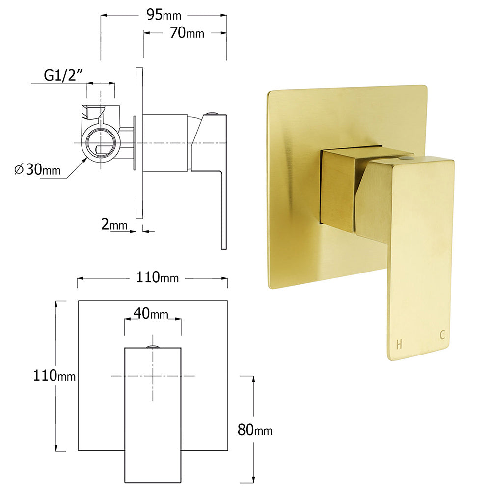 WELS Brushed Gold Square 8" Rain Shower Head 3 Mode Handheld Sliding Rail Arm Dual Mixer Set