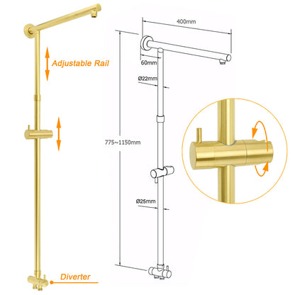 Brushed Gold Square 10" Rain Head 3 Mode Handheld Rose Sliding Rail Arm Dual Shower Set