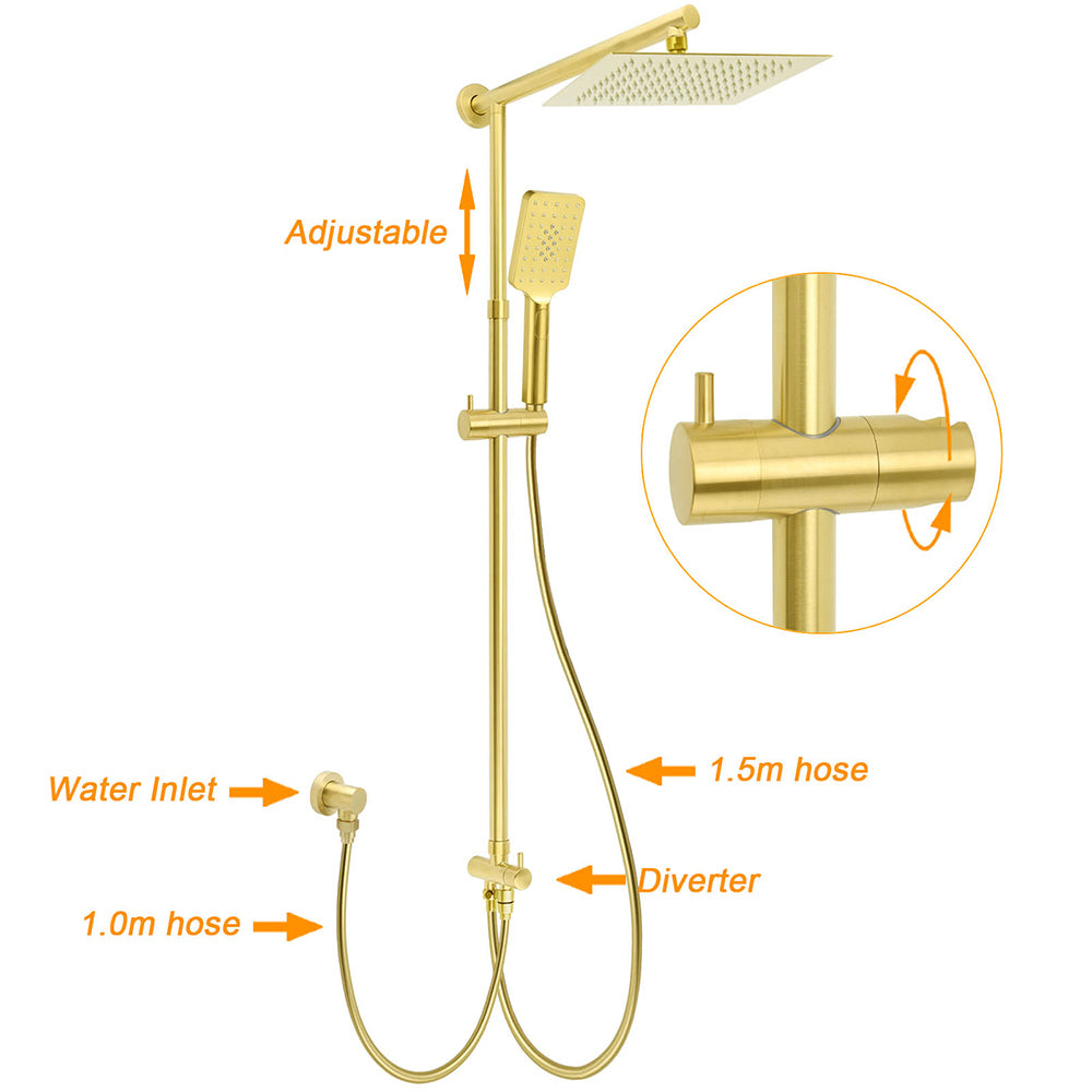 WELS Brushed Gold Square 10" Rain Head 3 Mode Handheld Sliding Rail Wall Mixer 2in1 Shower Set