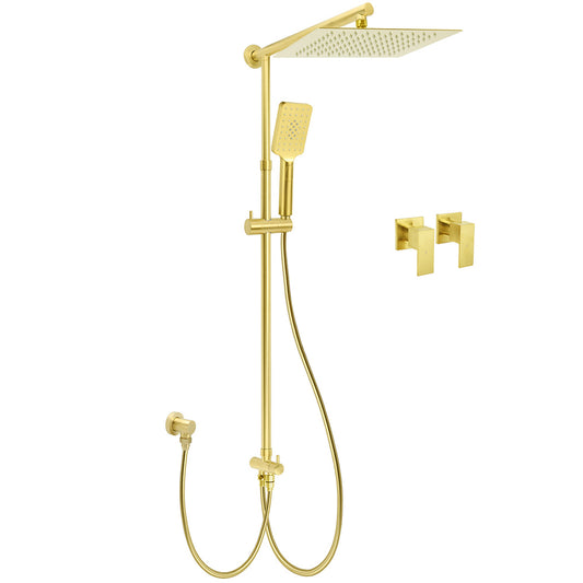 Brushed Gold Square 12" Rain Head 3 Mode Handheld Rose Sliding Rail Wall Arm Dual Shower Taps Set
