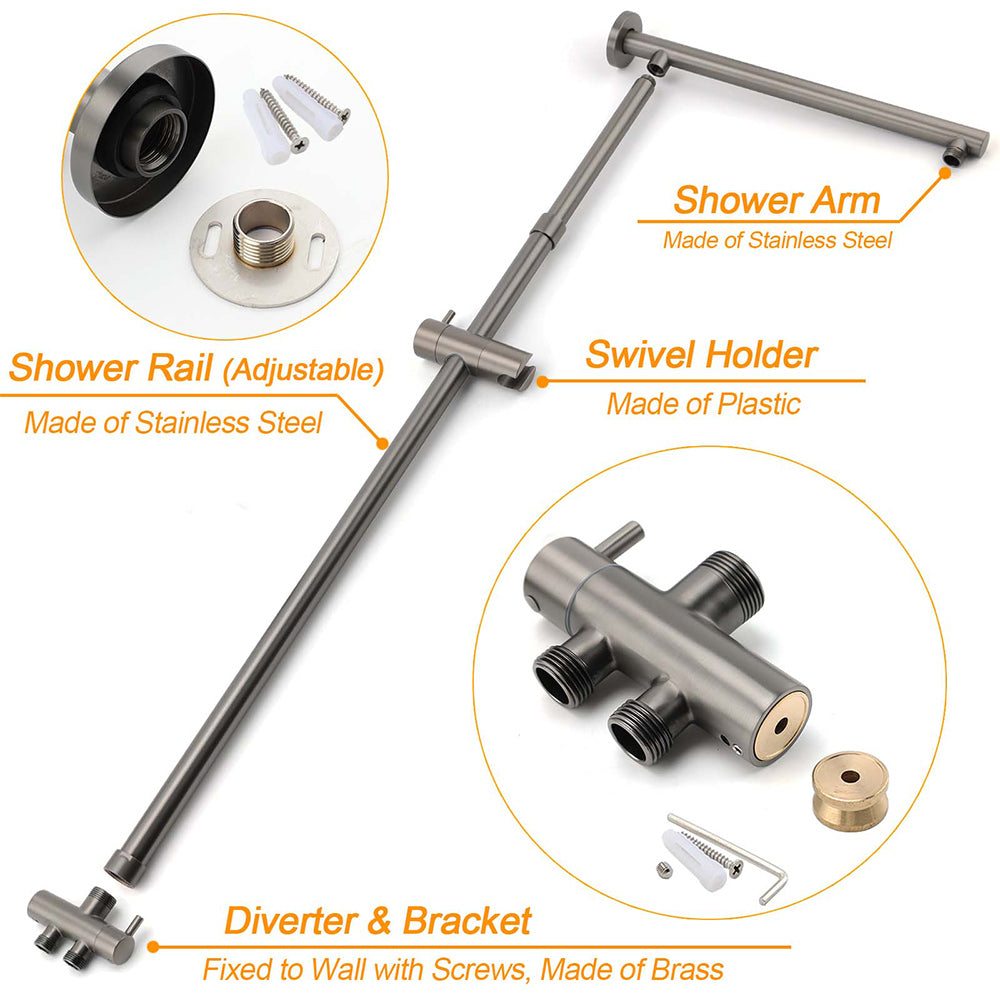 WELS Gun Metal Dual Round Shower 10" Rain Head 3 Mode Handheld Sliding Rail Diverter Set