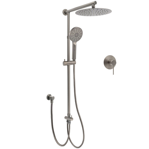WELS Gun Metal Double Round Shower 10" Rain Head 3 Mode Handheld Sliding Rail Mixer Valve Set
