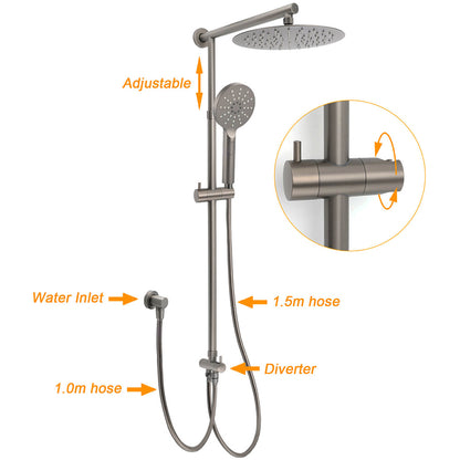 WELS Gun Metal Double Round Shower 10" Rain Head 3 Mode Handheld Sliding Rail Mixer Valve Set