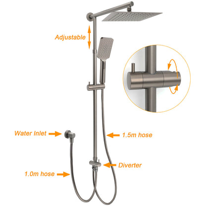 WELS Gun Metal 2in1 Shower Set Square 10" Rain Head Handheld Silde Rail Hot Cold Mixer
