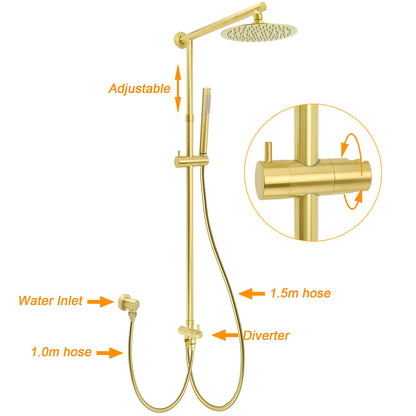 WELS Brushed Gold Twin Shower 8" Round Head Set Single Mode Handheld Rose Sliding Rail Arm