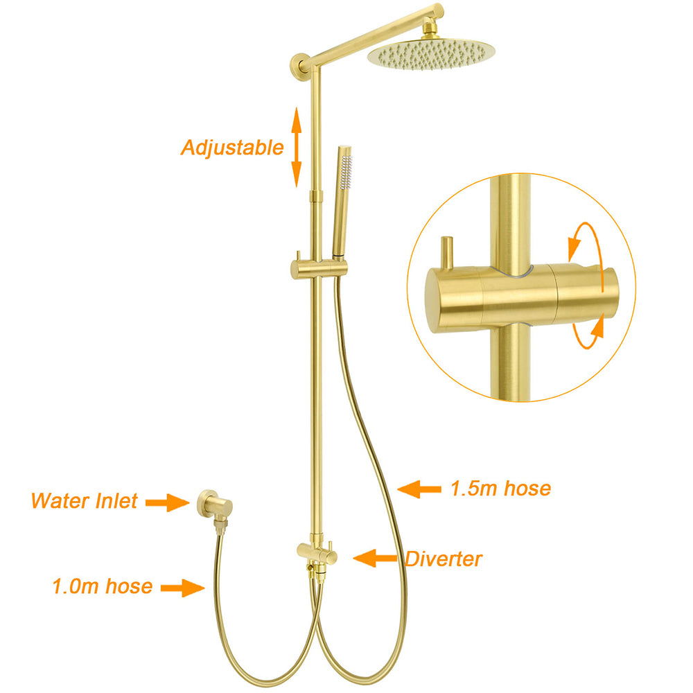 WELS Brushed Gold Twin Shower 8" Round Head One Mode Handheld Rose Sliding Rail With Mixer Set