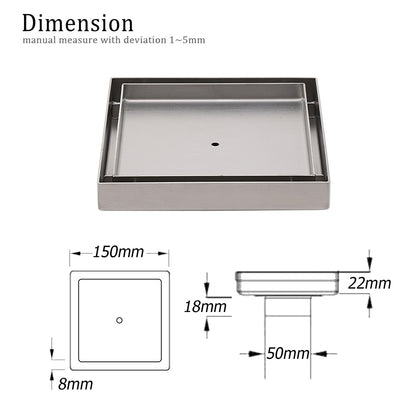 150x150mm Square Tile Insert Floor Drain Stainless Steel Shower Grate 50mm Waste