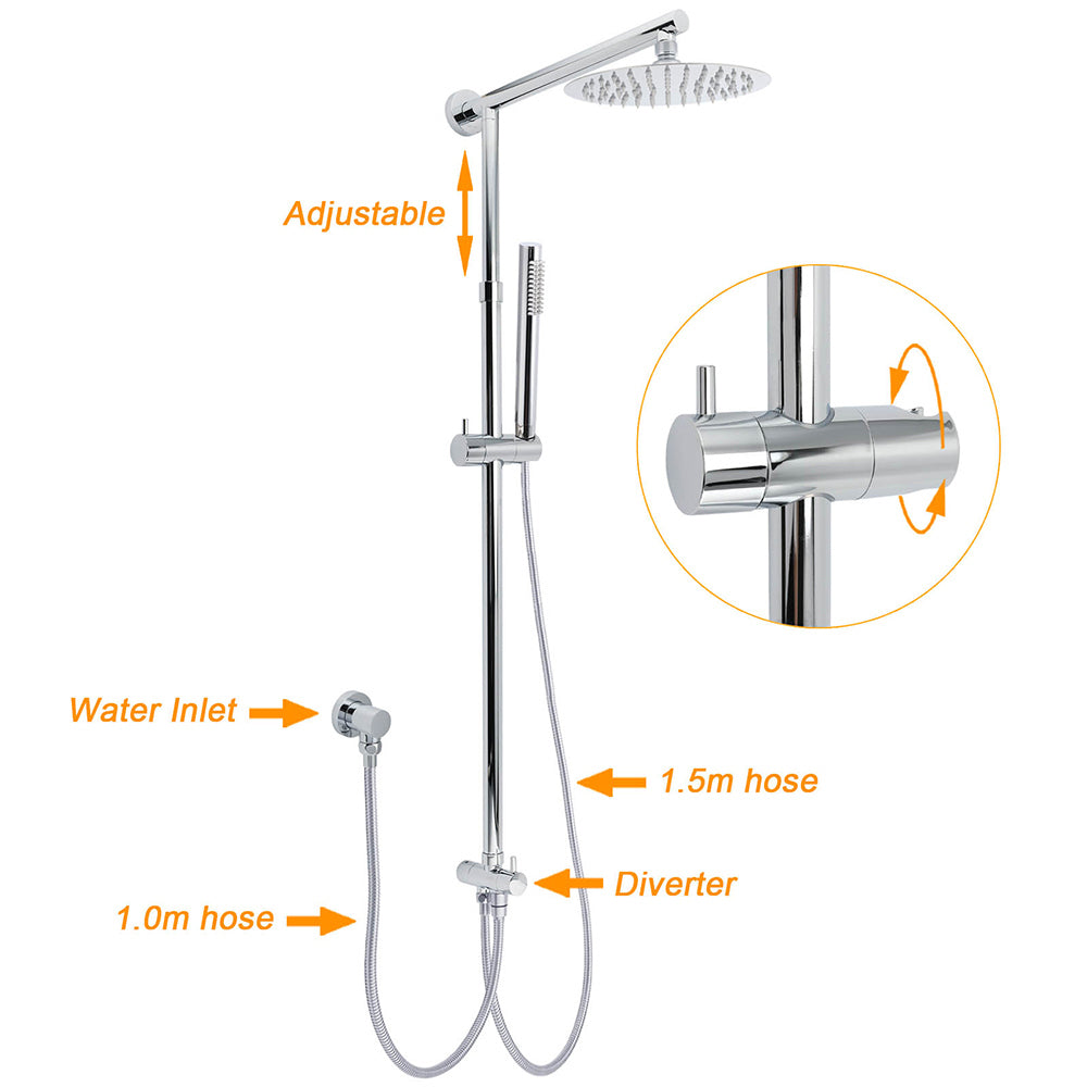 WELS Chrome Round 8" Stainless Steel Rain Head Stick Handheld Sliding Rail Arm Dual Shower Set