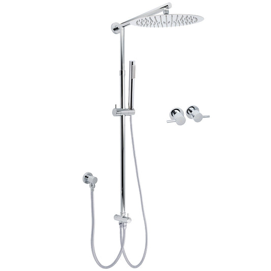 WELS Round Large 12" Rain 2in1 Shower Head Stainless Steel Handheld Wall Rail Brass Twin Taps Set