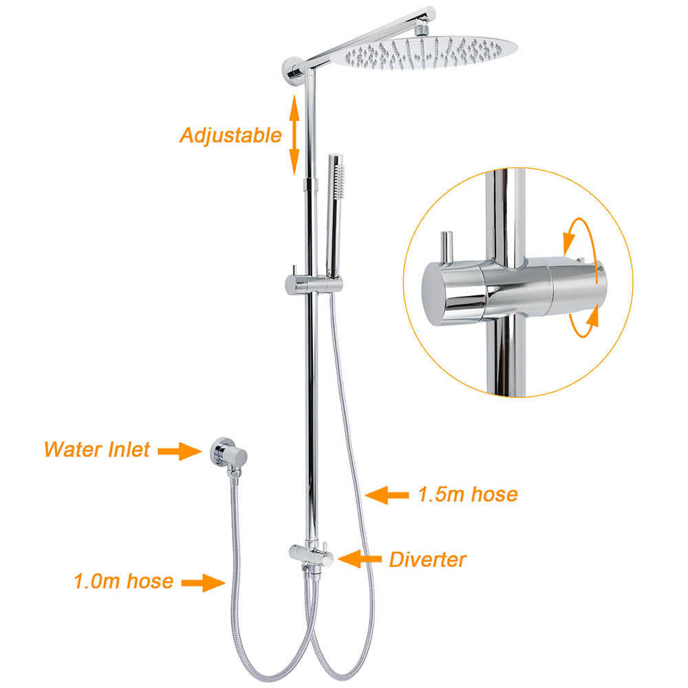 WELS Round Large 12" Rain 2in1 Shower Head Stainless Steel Handheld Wall Rail Brass Twin Taps Set