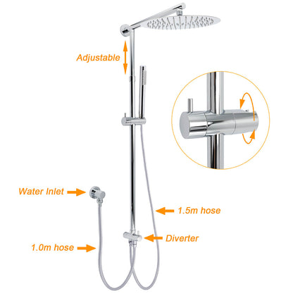 WELS Round Large 12" Rain 2in1 Shower Head Stainless Steel Handheld Wall Rail Brass Twin Taps Set