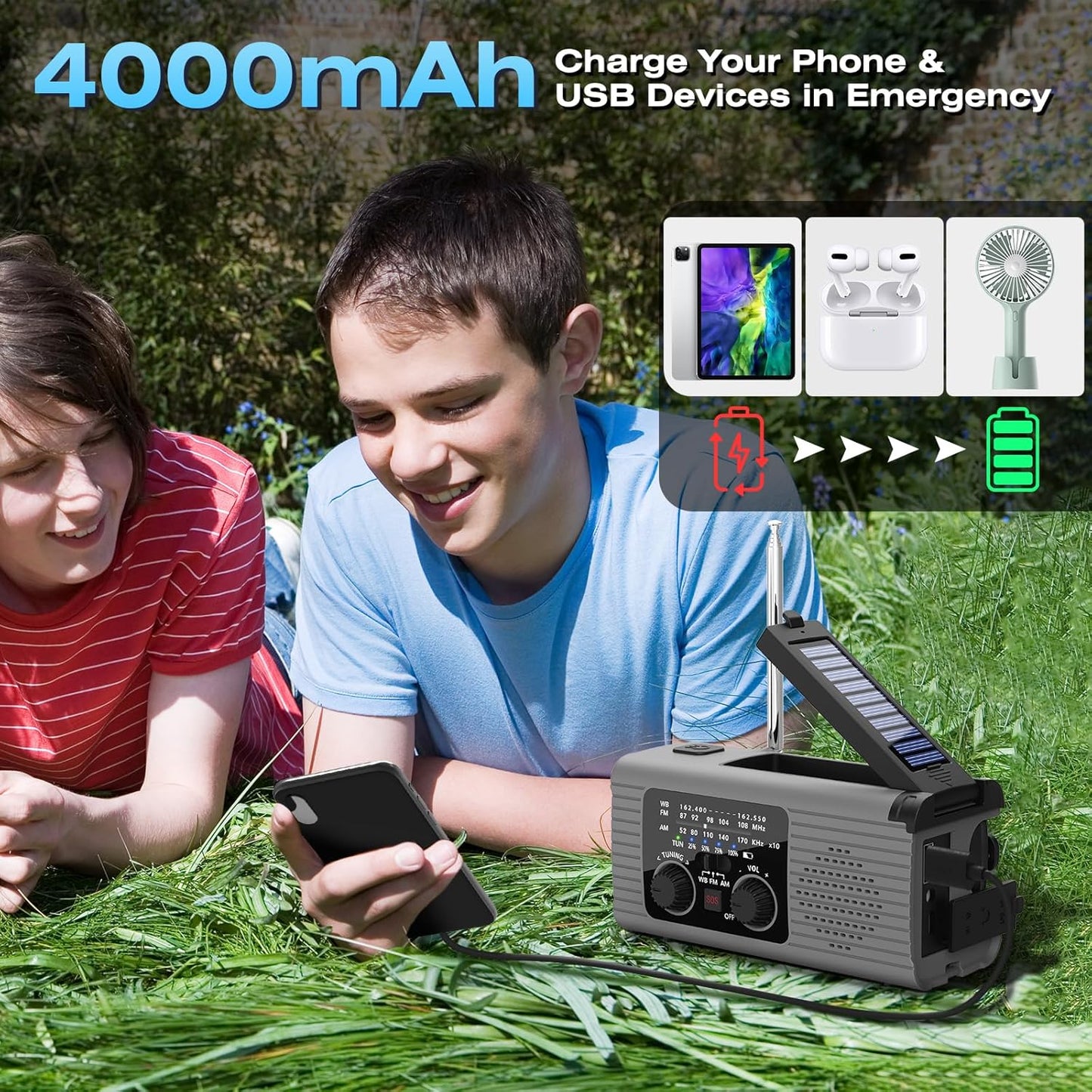 Multi-Colour Solar & Hand Crank Portable Radio 4000mAh Rechargeable Battery Operated Emergency Radio for Indoor Outdoor Use