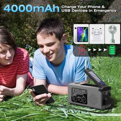 Multi-Colour Solar & Hand Crank Portable Radio 4000mAh Rechargeable Battery Operated Emergency Radio for Indoor Outdoor Use