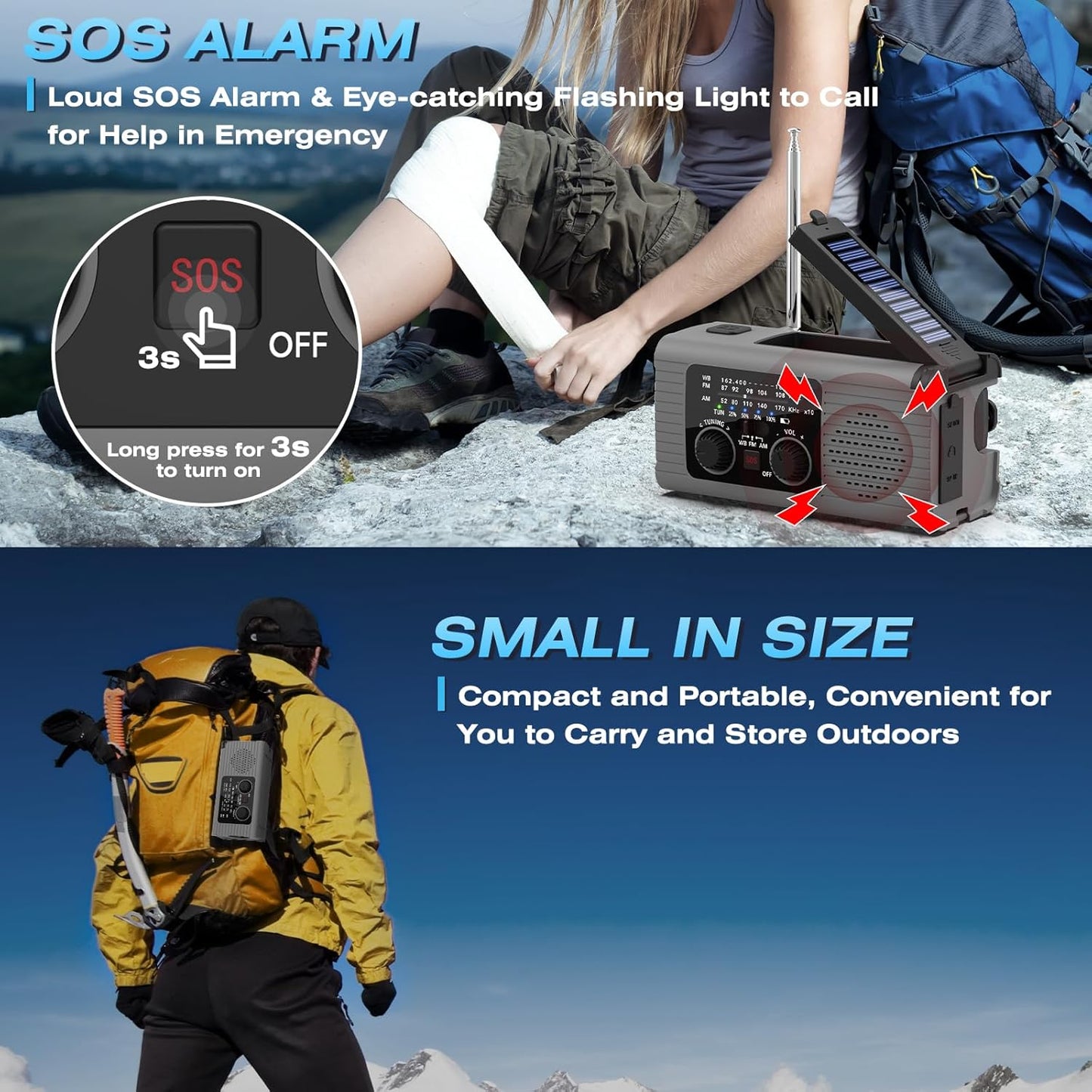 Multi-Colour Solar & Hand Crank Portable Radio 4000mAh Rechargeable Battery Operated Emergency Radio for Indoor Outdoor Use