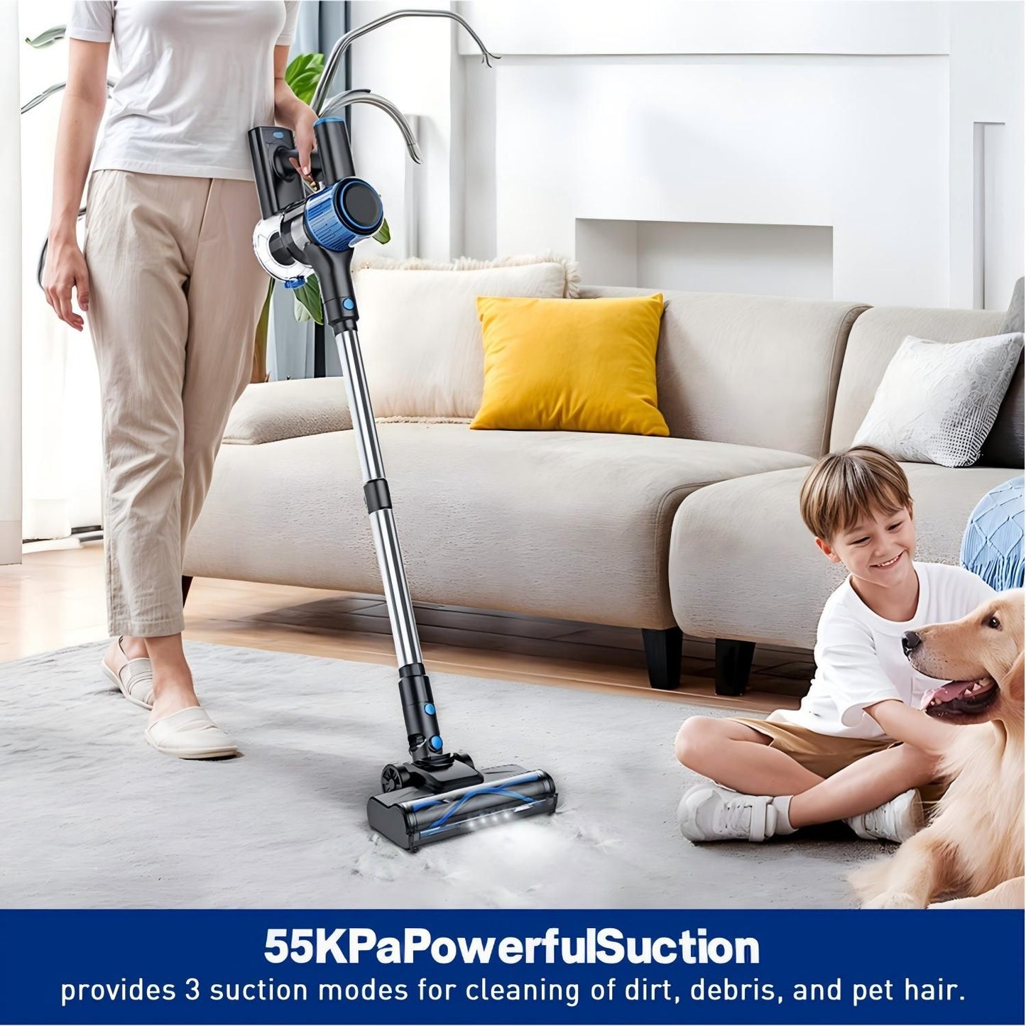 Cordless Vacuum Cleaner, 8 In 1 Powerful Suction Lightweight Vacuum Cleaner For Home, Led Display, 3 Suction Modes, 55Kpa Powerful Suction，45mins Detachable Battery Vacuum For Hard Floor Carpet Pet Hair