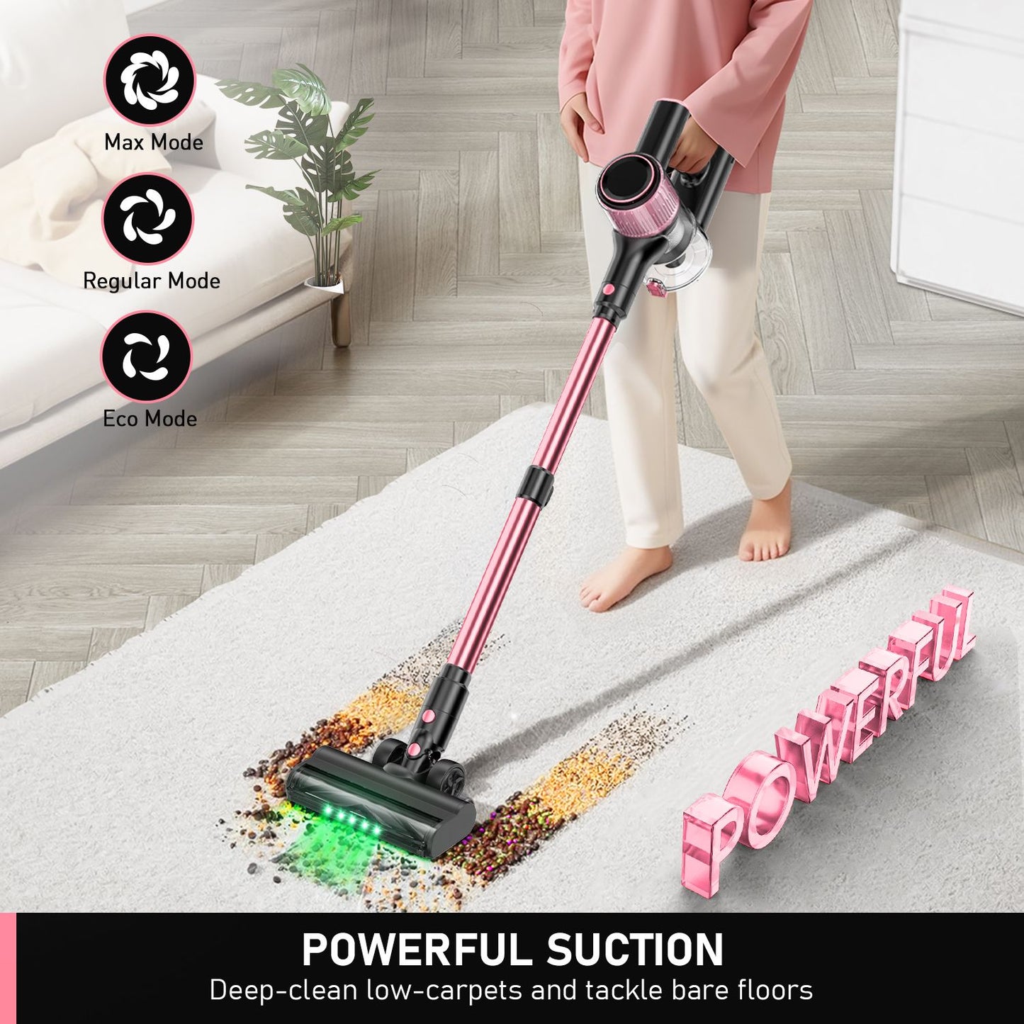 Cordless Vacuum Cleaner, 8 in 1 Powerful Suction Lightweight Vacuum Cleaner for Home, 55Kpa Powerful Suction，LED Display, 3 Suction Modes, 45Mins Detachable Battery Vacuum for Hard Floor Carpet Pet Hair