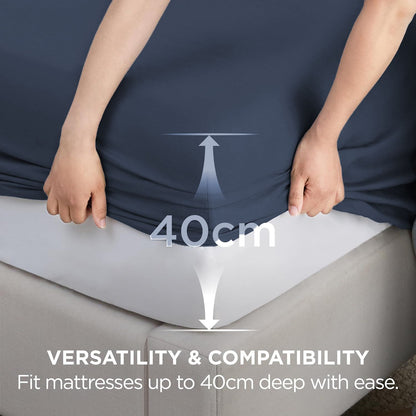 2000TC Hotel Quality Fitted Sheets - 2 Piece Fitted Sheets  -Breathable Bedding - Wrinkle, Fade, Stain Resistant- 16inch/40cm Deep Pocket Fitted Bed Sheets-Wrinkle and Fade Resistant,(Navy,King Single)