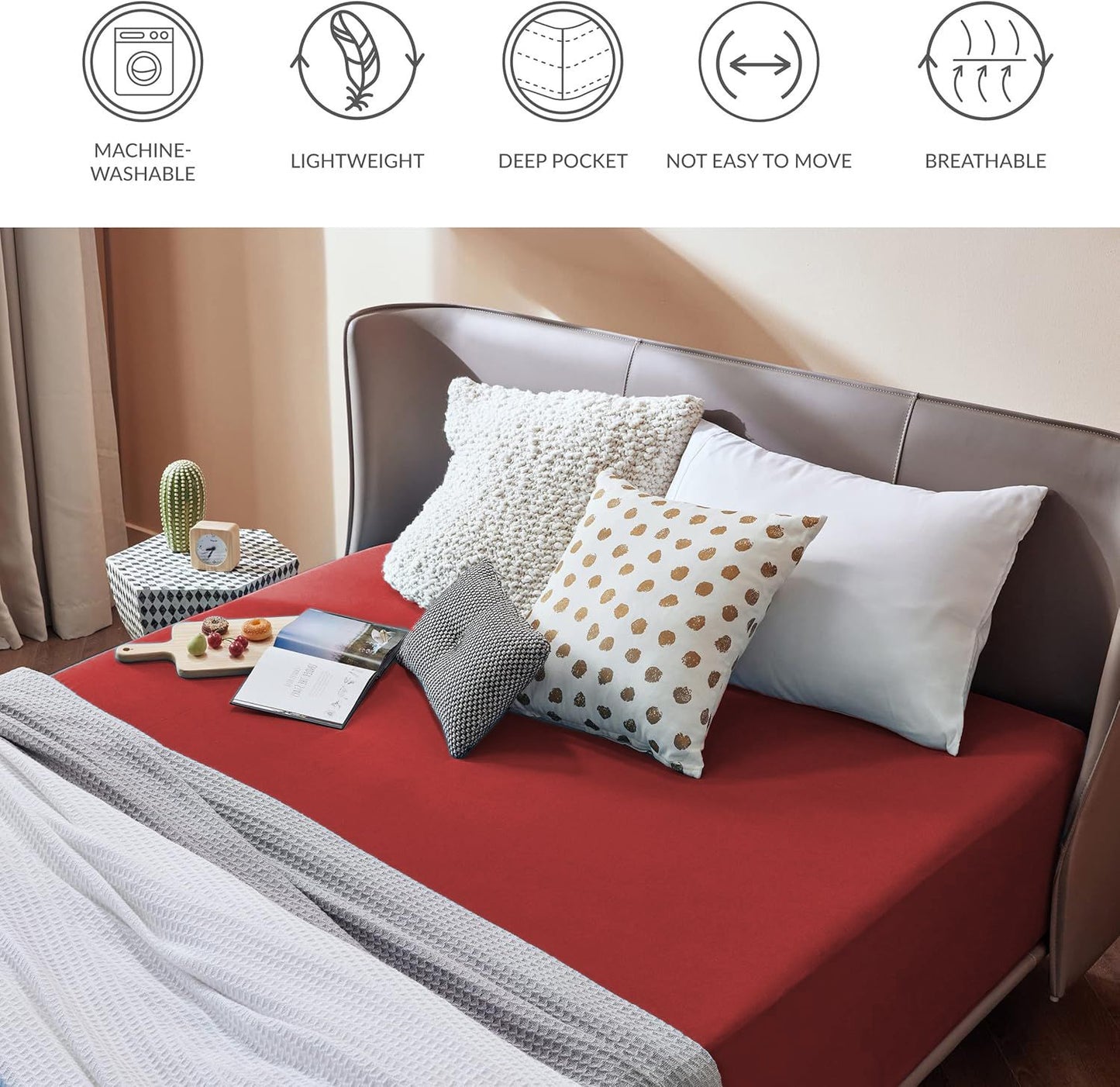 2000TC Hotel Quality Fitted Sheets - 2 Piece Fitted Sheets  -Breathable Bedding - Wrinkle, Fade, Stain Resistant- 16inch/40cm Deep Pocket Fitted Bed Sheets-Wrinkle and Fade Resistant,(Red,Queen)