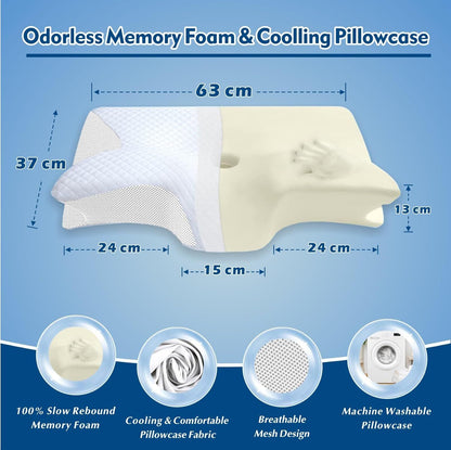 Cervical Neck Pillow for Neck Pain Relief, 2 in 1 Ergonomic Orthopedic Bed Pillow for Sleeping, Memory Foam Pillows for Side, Back & Stomach Sleepers with Removable Pillowcase(White)
