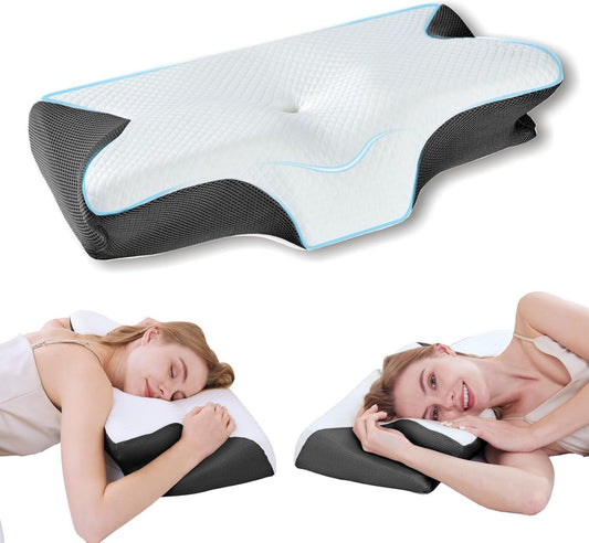 Cervical Neck Pillow for Neck Pain Relief, 2 in 1 Ergonomic Orthopedic Bed Pillow for Sleeping, Memory Foam Pillows for Side, Back & Stomach Sleepers with Removable Pillowcase(Black)