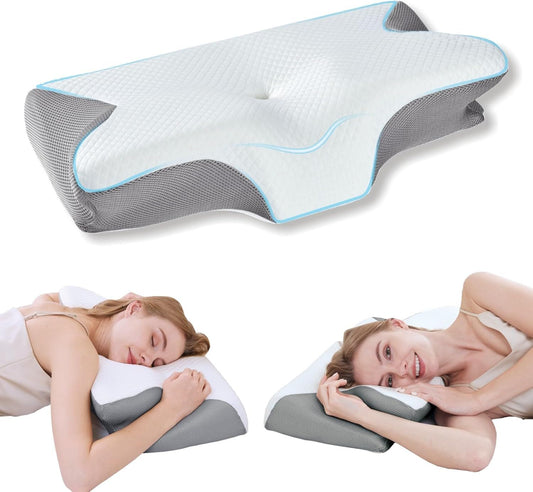 Cervical Neck Pillow for Neck Pain Relief, 2 in 1 Ergonomic Orthopedic Bed Pillow for Sleeping, Memory Foam Pillows for Side, Back & Stomach Sleepers with Removable Pillowcase(Grey)