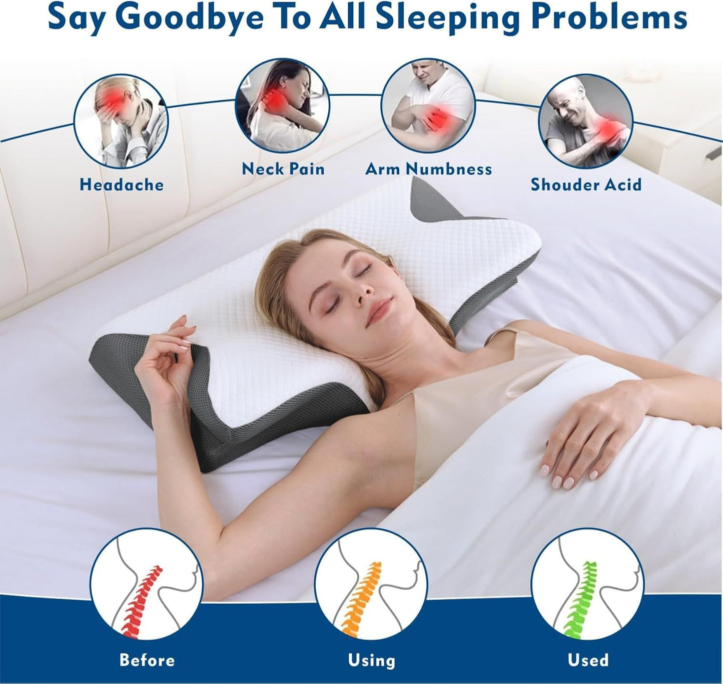 Cervical Neck Pillow for Neck Pain Relief, 2 in 1 Ergonomic Orthopedic Bed Pillow for Sleeping, Memory Foam Pillows for Side, Back & Stomach Sleepers with Removable Pillowcase(Grey)