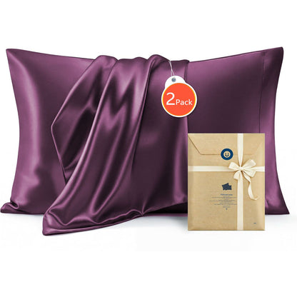 Satin Pillowcase for Hair and Skin Mulberry Silk Pillowcase Soft Breathable Smooth Both Sided Natural Silk Pillowcase with Envelope pocket Beauty Sleep Silk Pillow Case for Gift (2 Pack, Standard, Purple)