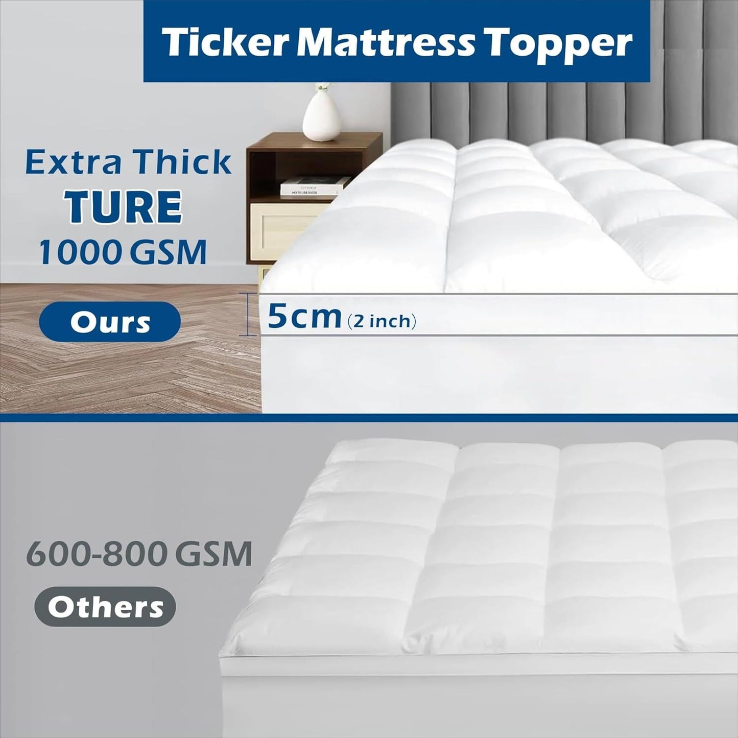 1000GSM Mattress Topper Viscose Derived from Bamboo, Thick Pillowtop Fitted Mattress Cover with 45cm Deep Skirt - Machine Washable Hypoallergenic(Double,white)