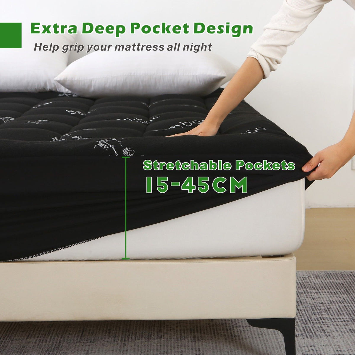 800GSM Mattress Topper Viscose Derived from Bamboo, Thick Pillowtop Fitted Mattress Cover with 45cm Deep Skirt - Machine Washable Hypoallergenic(Double,Black)