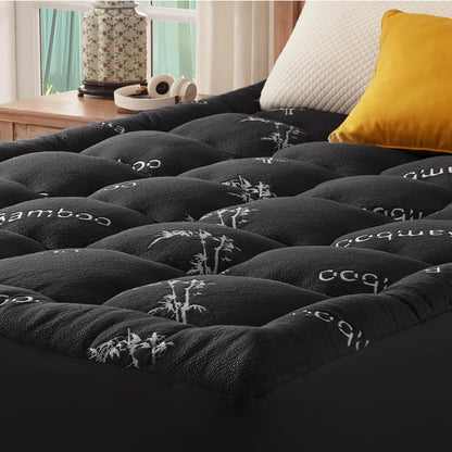 800GSM Mattress Topper Viscose Derived from Bamboo, Thick Pillowtop Fitted Mattress Cover with 45cm Deep Skirt - Machine Washable Hypoallergenic(Double,Black)