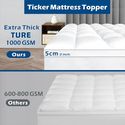 1000GSM Mattress Topper Viscose Derived from Bamboo, Thick Pillowtop Fitted Mattress Cover with 45cm Deep Skirt - Machine Washable Hypoallergenic（Single,white）