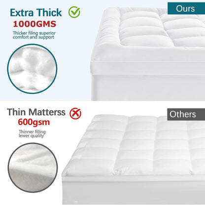 1000GSM Mattress Topper Viscose Derived from Bamboo, Thick Pillowtop Fitted Mattress Cover with 45cm Deep Skirt - Machine Washable Hypoallergenic（Single,white）