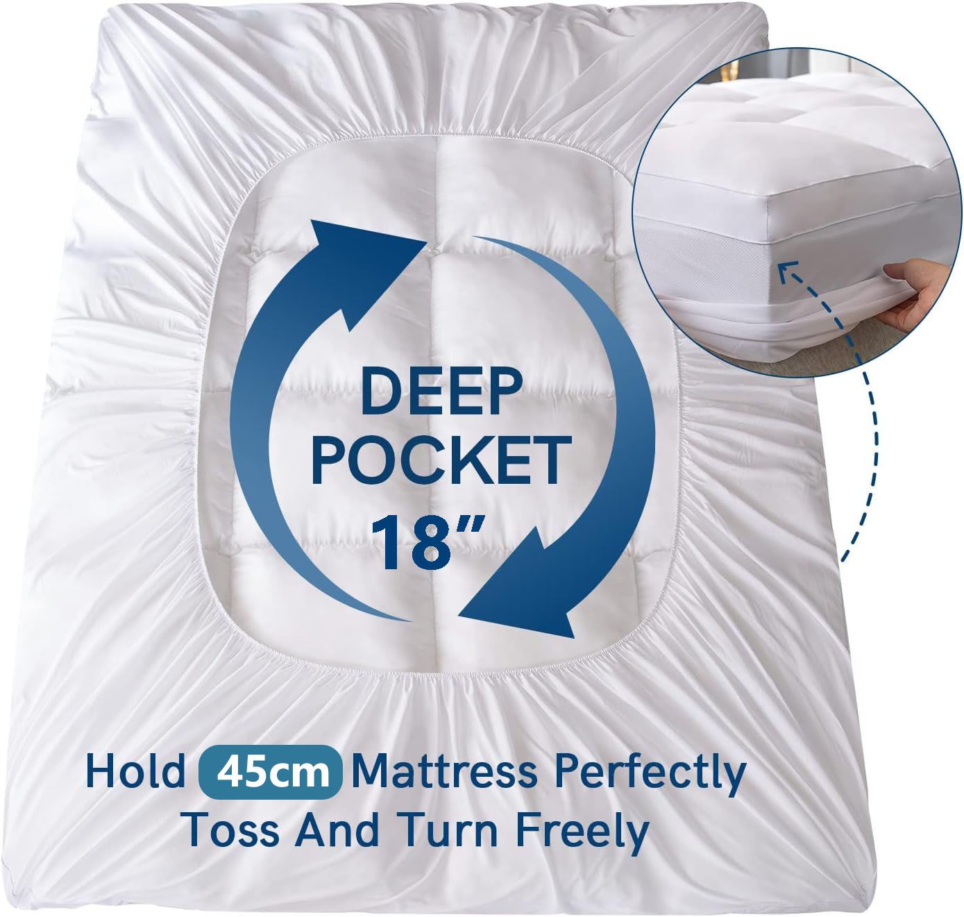 1000GSM Mattress Topper Viscose Derived from Bamboo, Thick Pillowtop Fitted Mattress Cover with 45cm Deep Skirt - Machine Washable Hypoallergenic（Single,white）